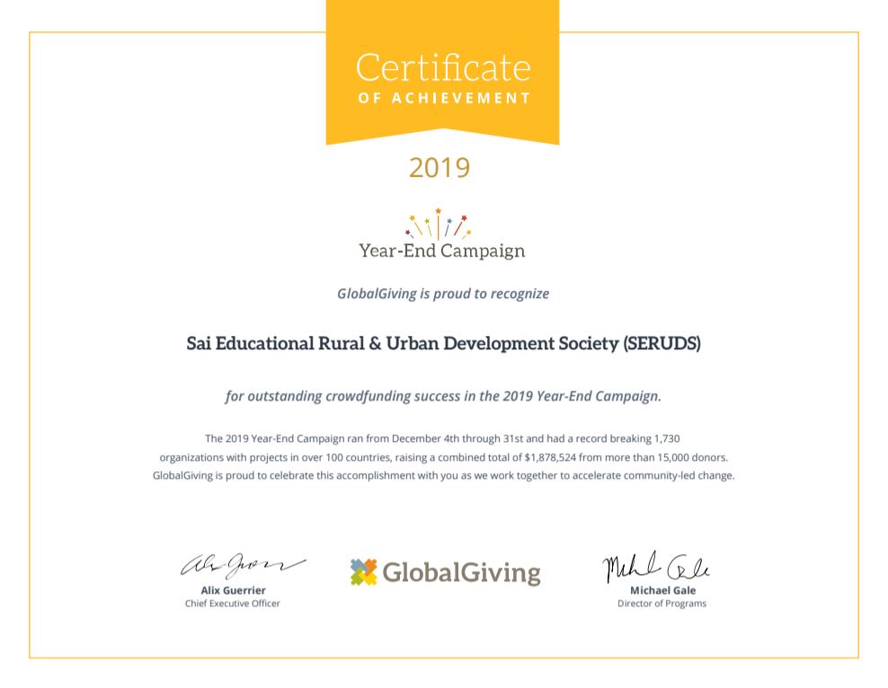 SERUDS NGO Certificate for Best Crowdfunding Success